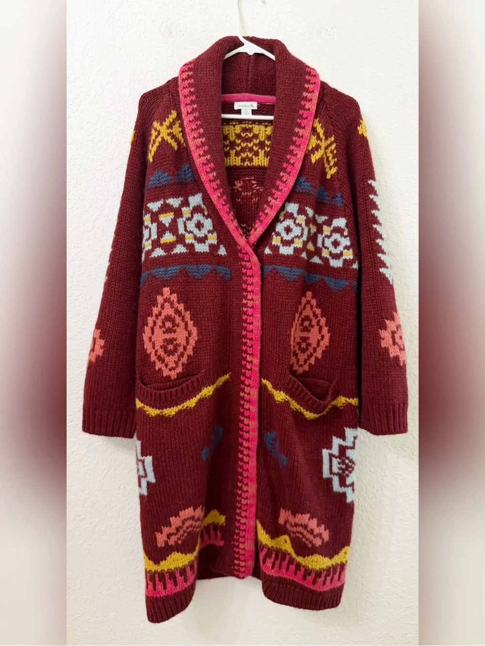 Rare Sundance Tayen Sweater Coat Cozy Burgundy Boho Patterned Size LP